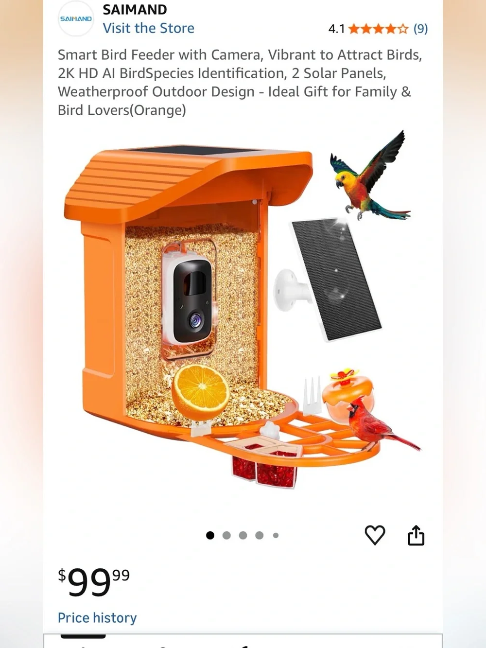Saimand Brand New Orange Smart Bird Feeder with Camera and Solar Panel